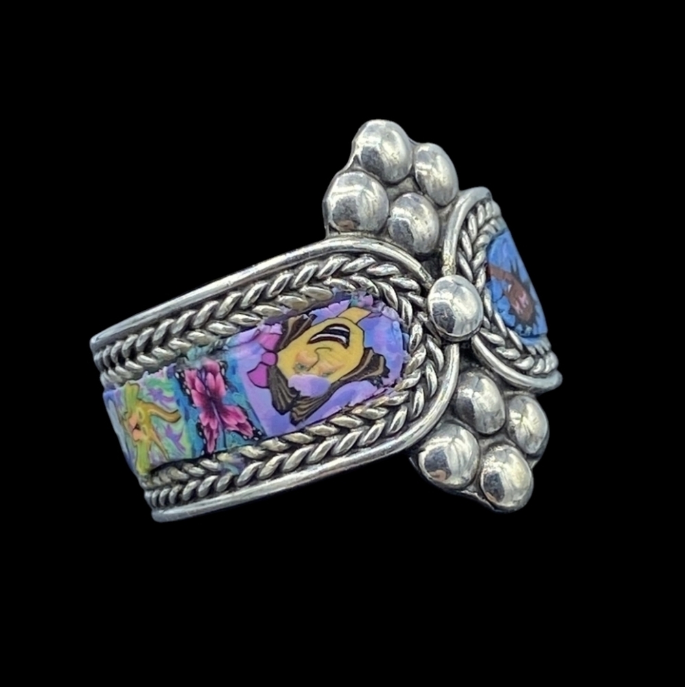 Vintage Size 8 Enamel Millefiori and 925 Sterling Silver Ring - Picture 4 of 5